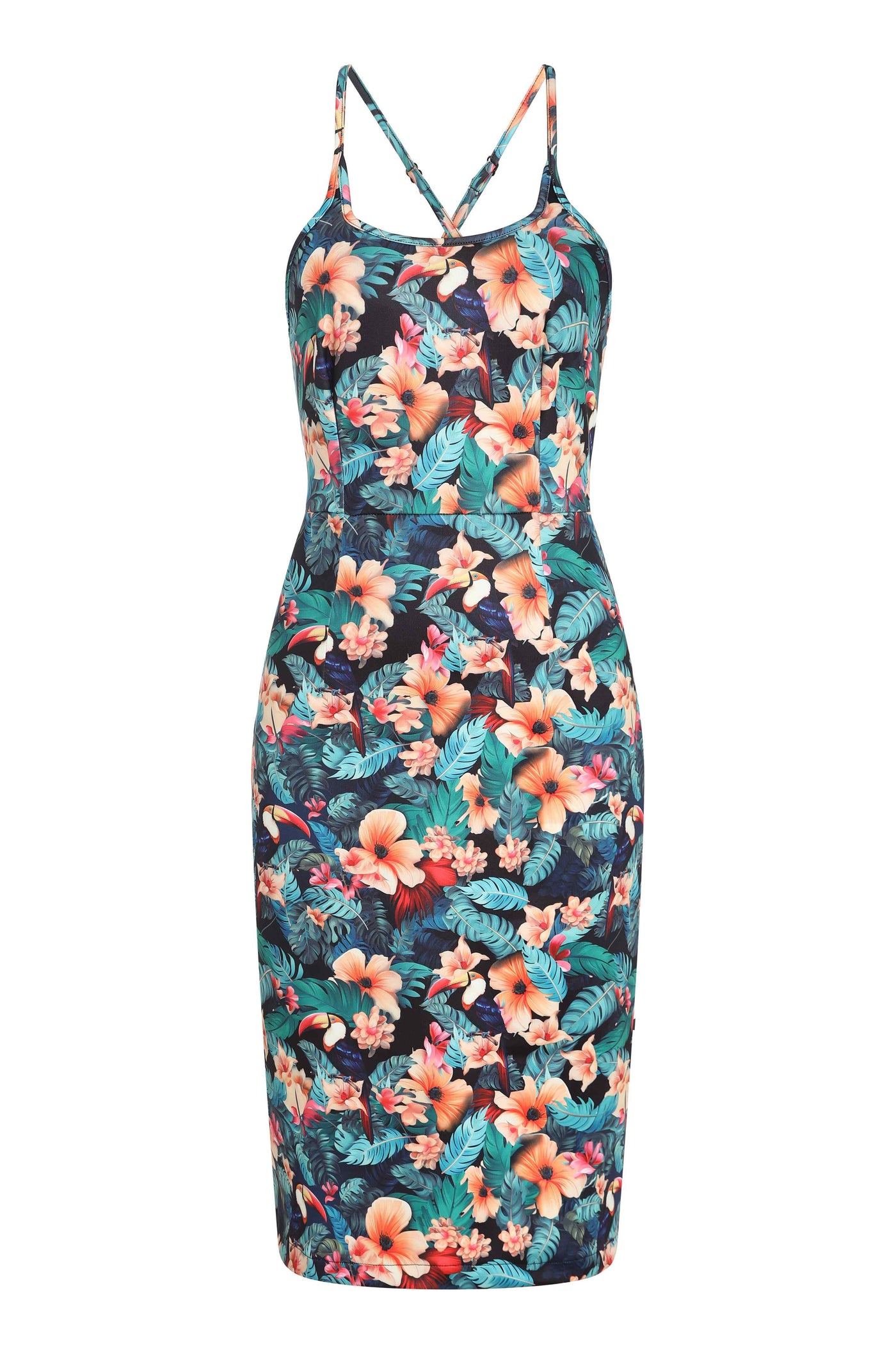 Front view of Cross Strap Pencil Dress in Black Toucan Print