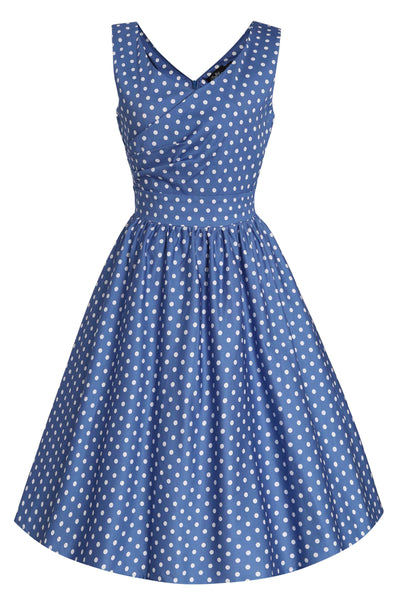 Front view of Crossover Bust Blue and White Polka Dot Dress