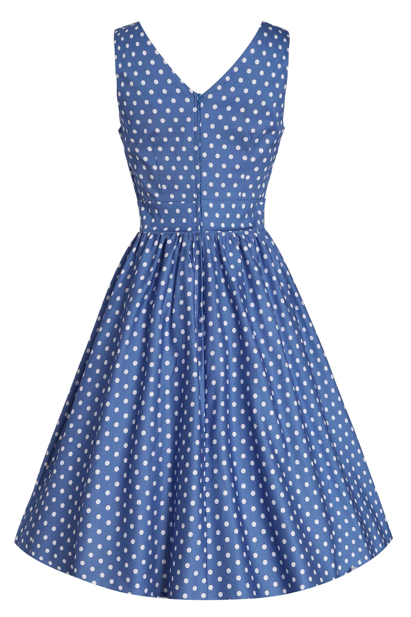 Back view of Crossover Bust Blue and White Polka Dot Dress