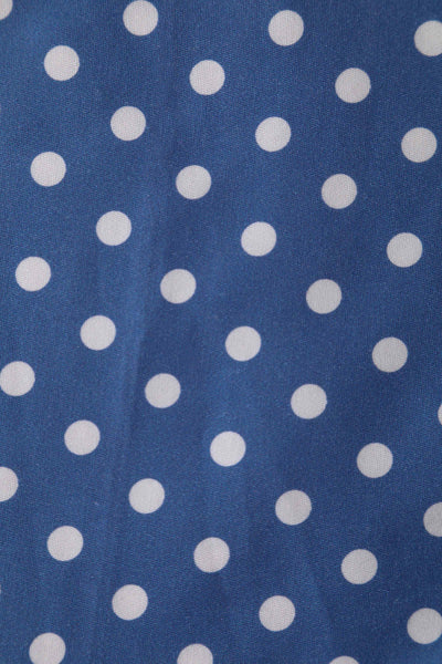 Close up view of Crossover Bust Blue and White Polka Dot Dress