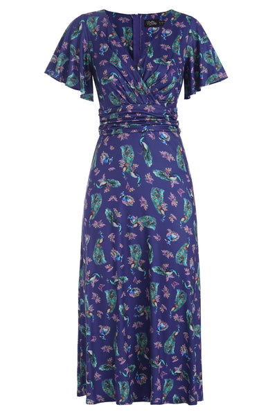 Front View of Crossover Bust Purple Peacock Dress