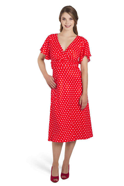 Model photo of Crossover Bust Red Polka Dot Dress