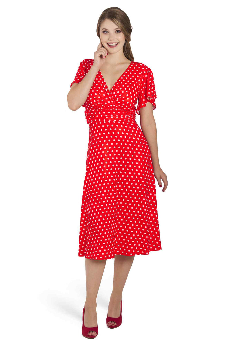 Model photo of Crossover Bust Red Polka Dot Dress