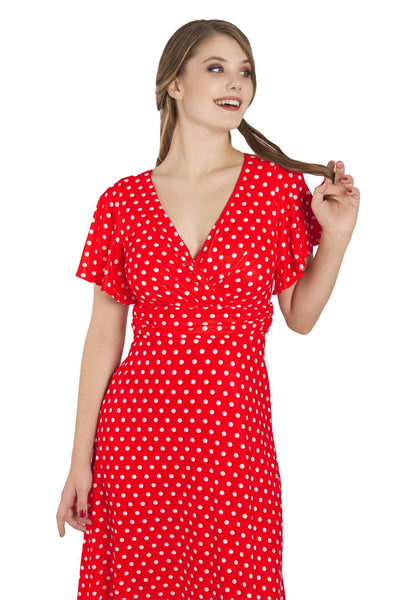 Model photo of Crossover Bust Red Polka Dot Dress