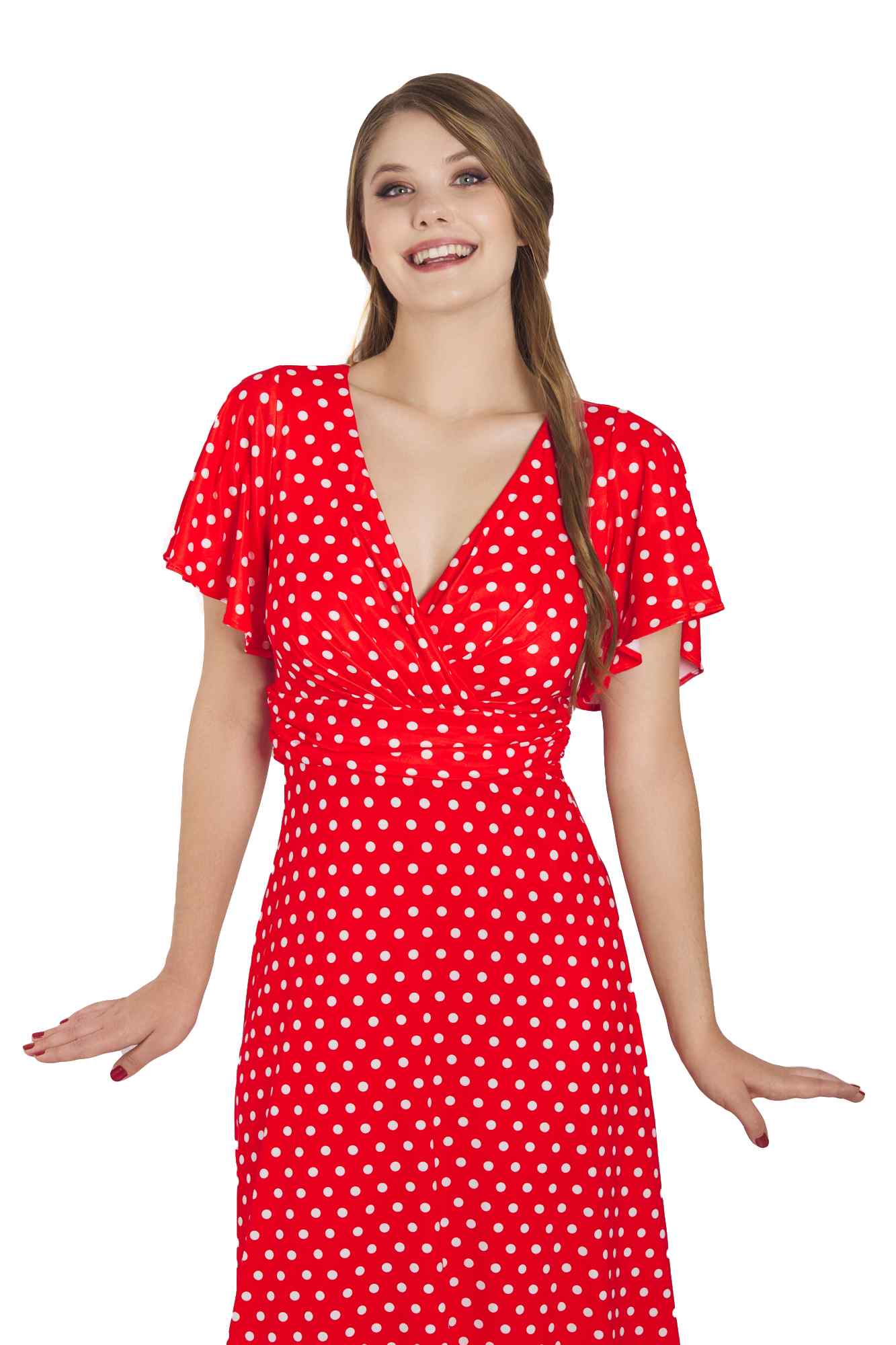 Model photo of Crossover Bust Red Polka Dot Dress