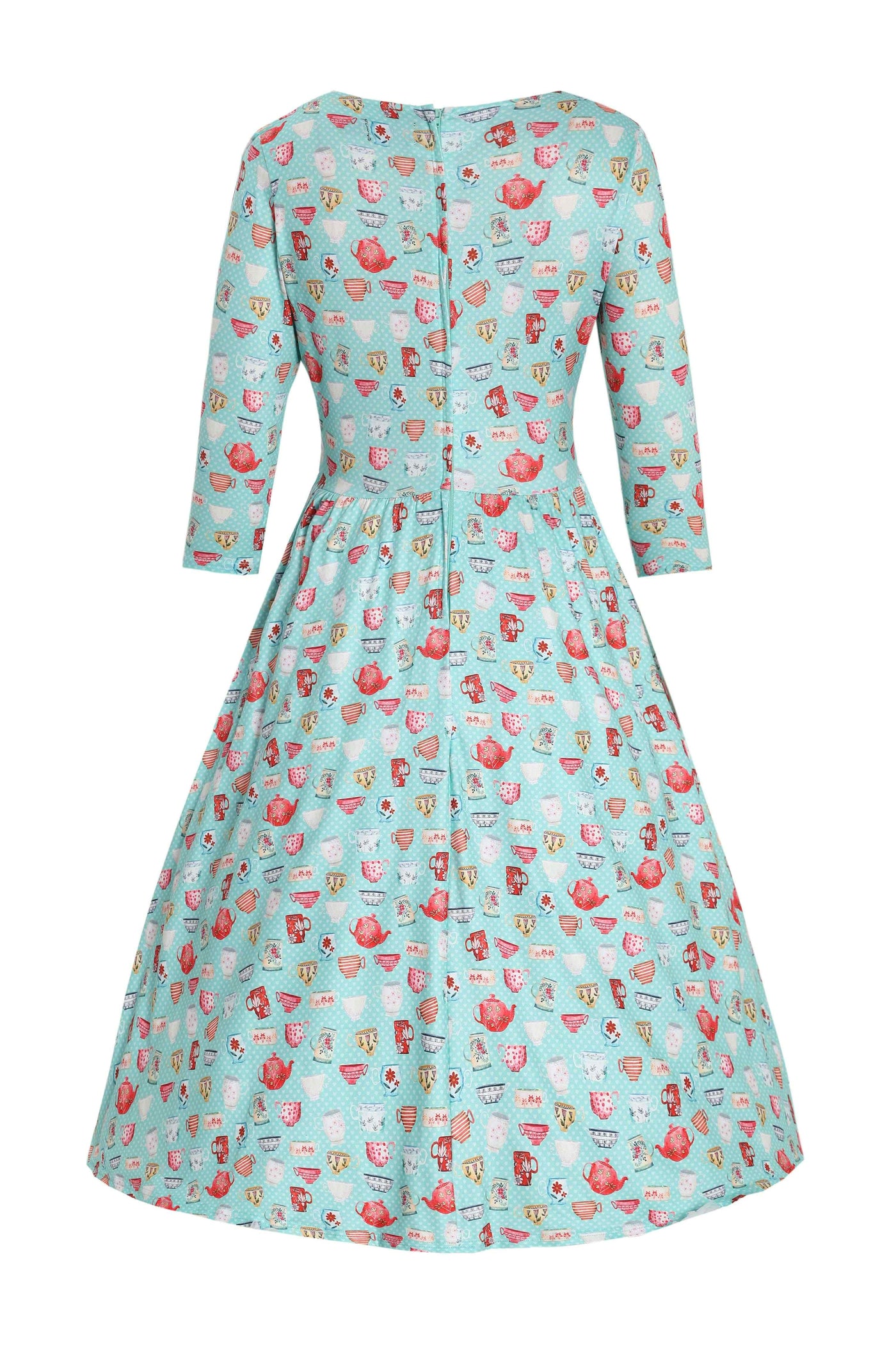 Back view of Cuppa Print Flared Dress in Light Blue