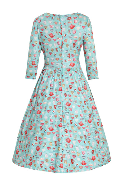 Back view of Cuppa Print Flared Dress in Light Blue