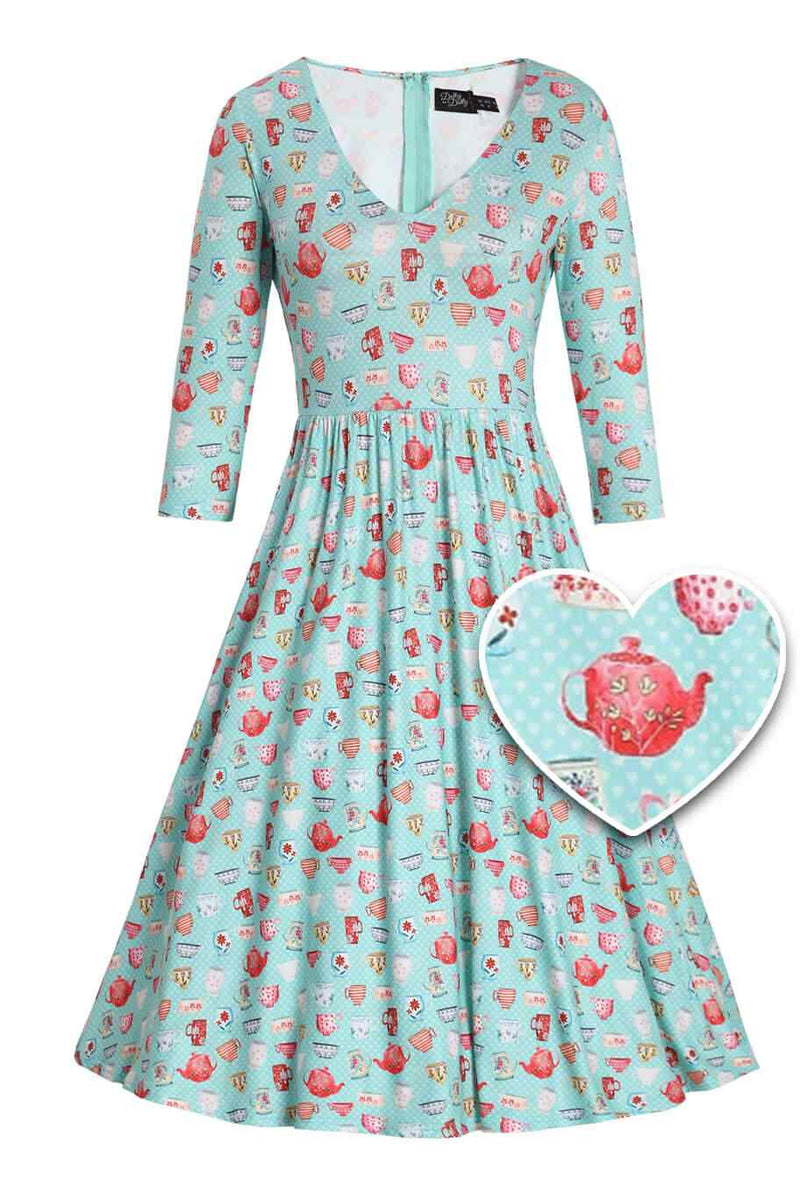 Front view of Cuppa Print Flared Dress in Light Blue