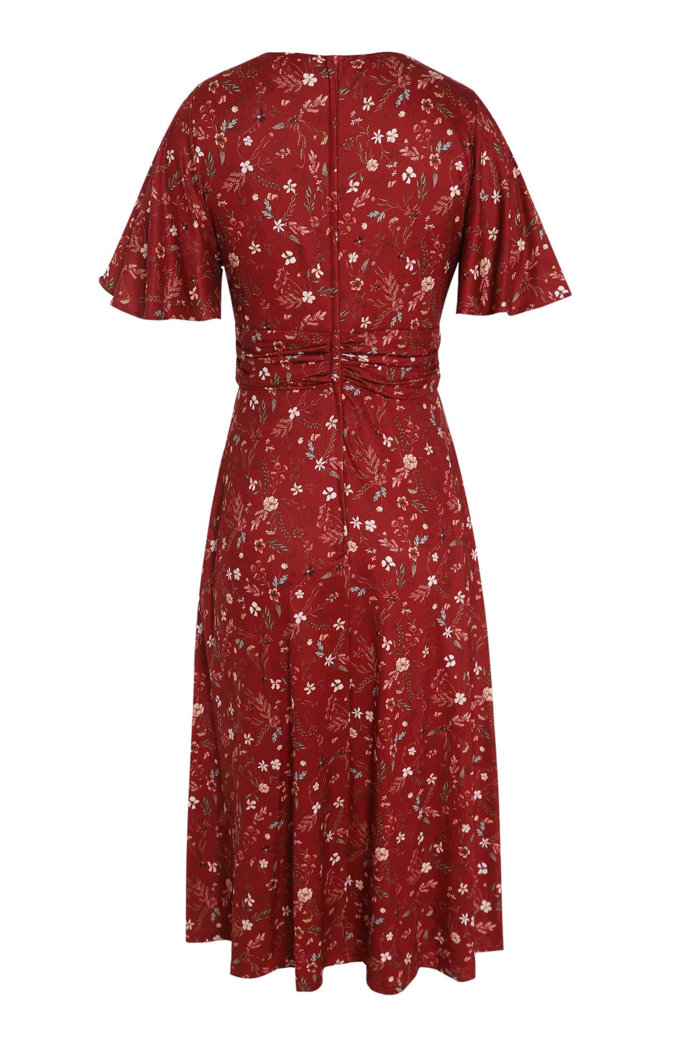 Back view of Dainty Floral Tea Dress in Burgundy