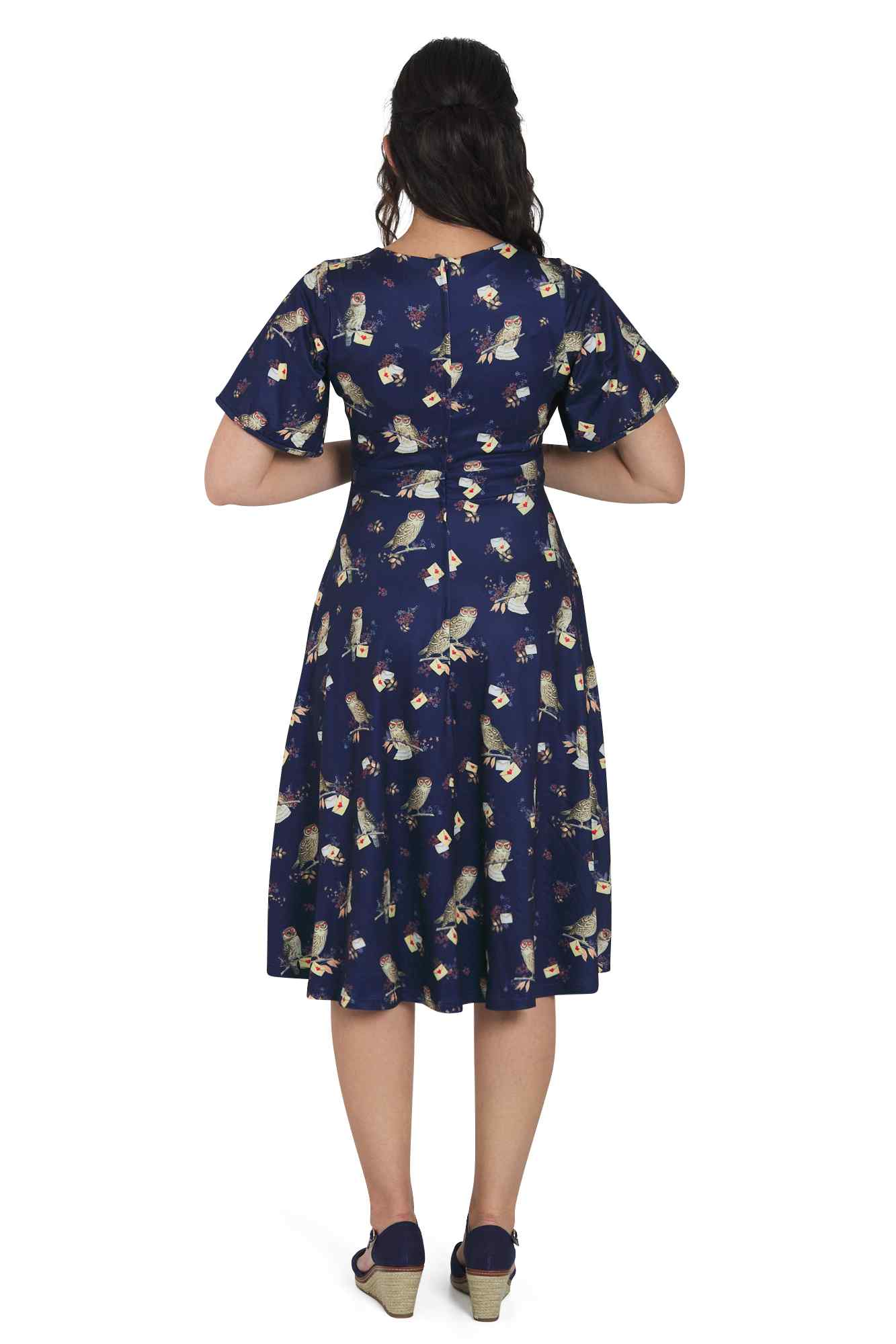 Model wearing Dark Blue Sleeved Flared Tea Dress In Owl Print