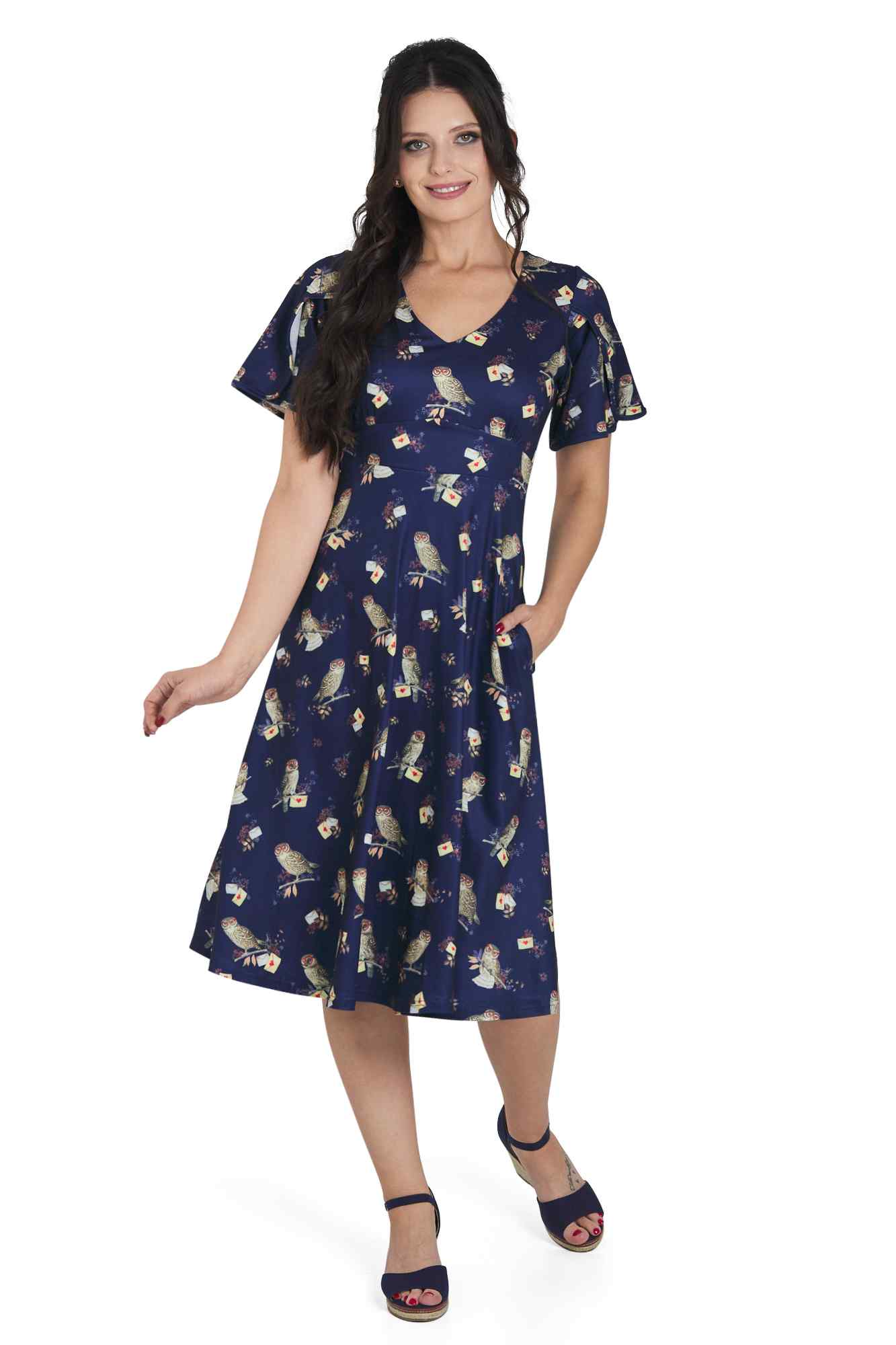 Model wearing Dark Blue Sleeved Flared Tea Dress In Owl Print