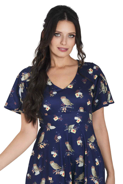 Model wearing Dark Blue Sleeved Flared Tea Dress In Owl Print