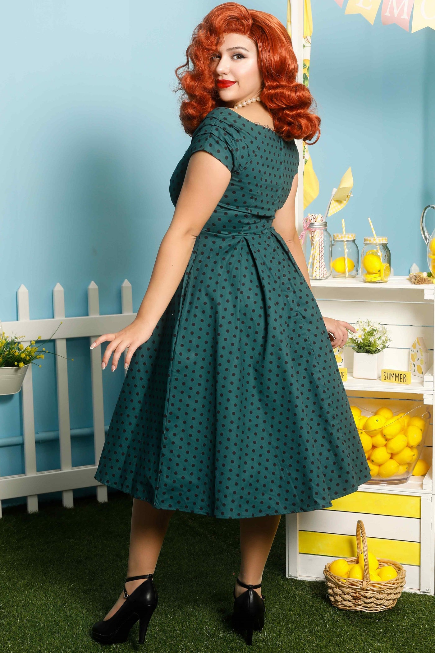 Model photo of Dark Green and Black Polka Dot Full Circle Dress