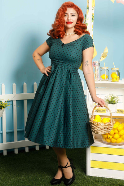 Model photo of Dark Green and Black Polka Dot Full Circle Dress