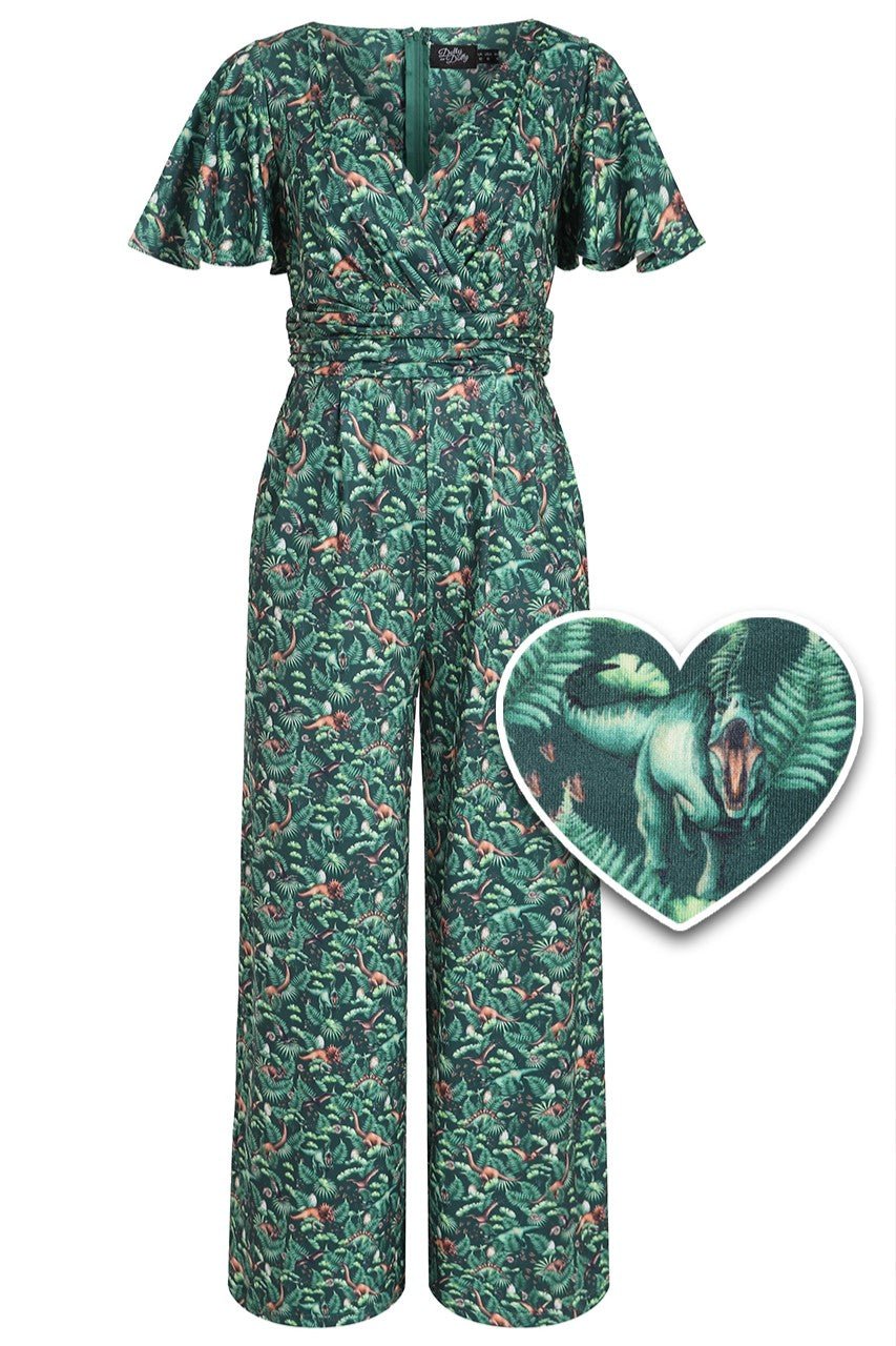 Front view of Dinosaur Forest Jumpsuit In Green