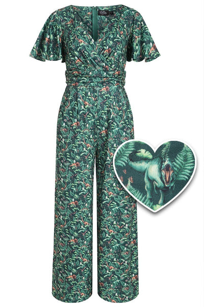 Front view of Dinosaur Forest Jumpsuit In Green