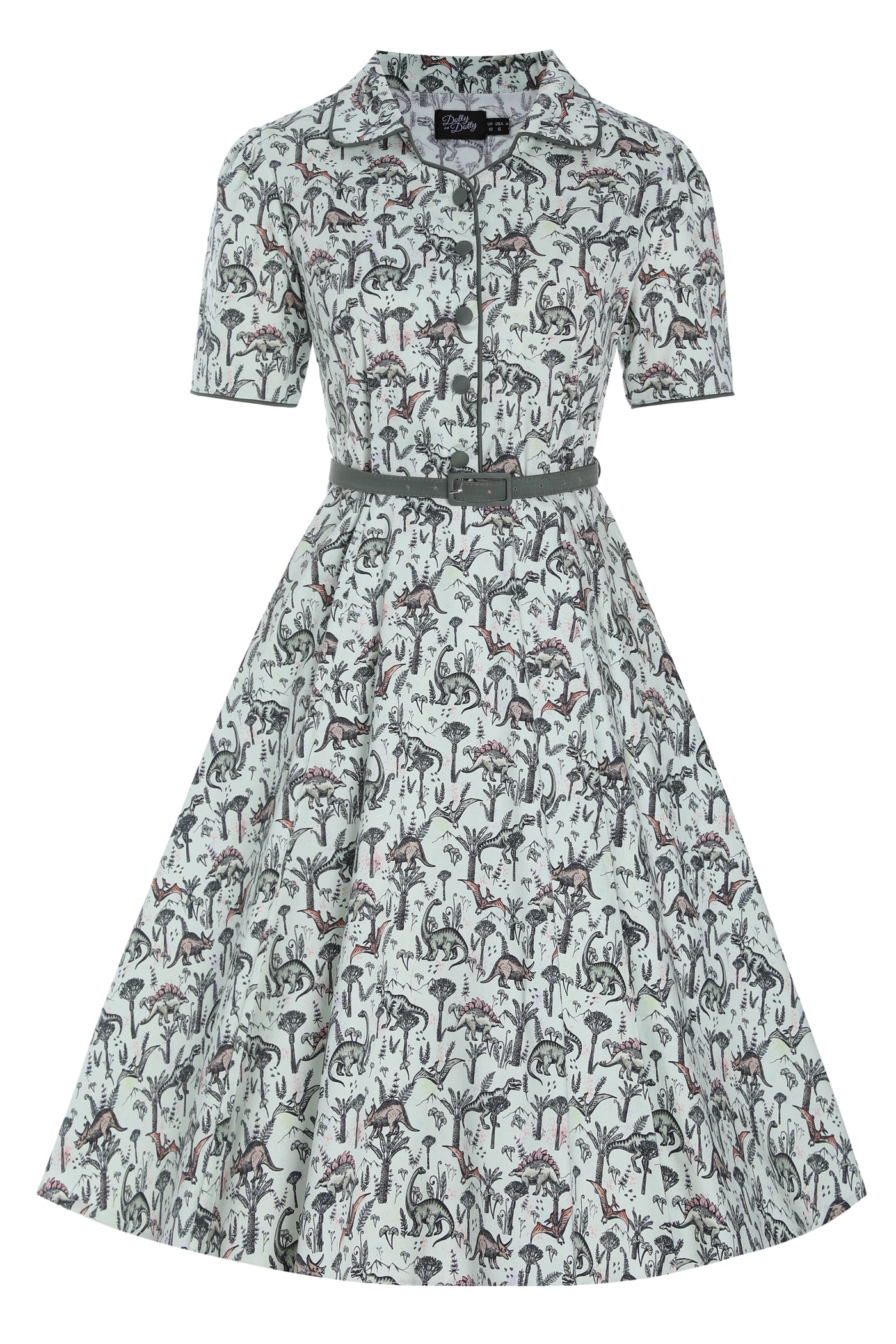 Front view of Dinosaur Forest Shirt Dress