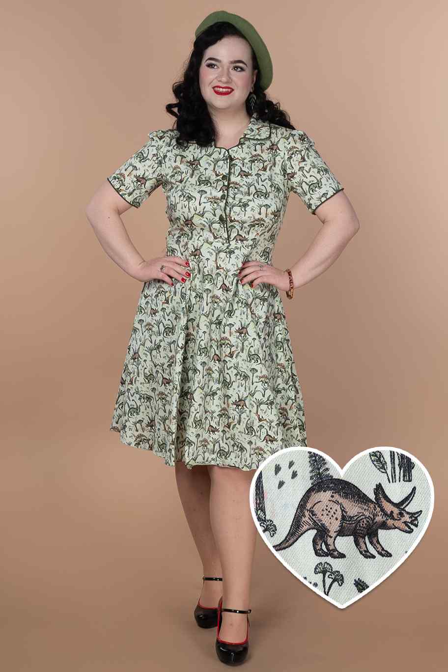 A model wearing a Dinosaur Forest Shirt Dress