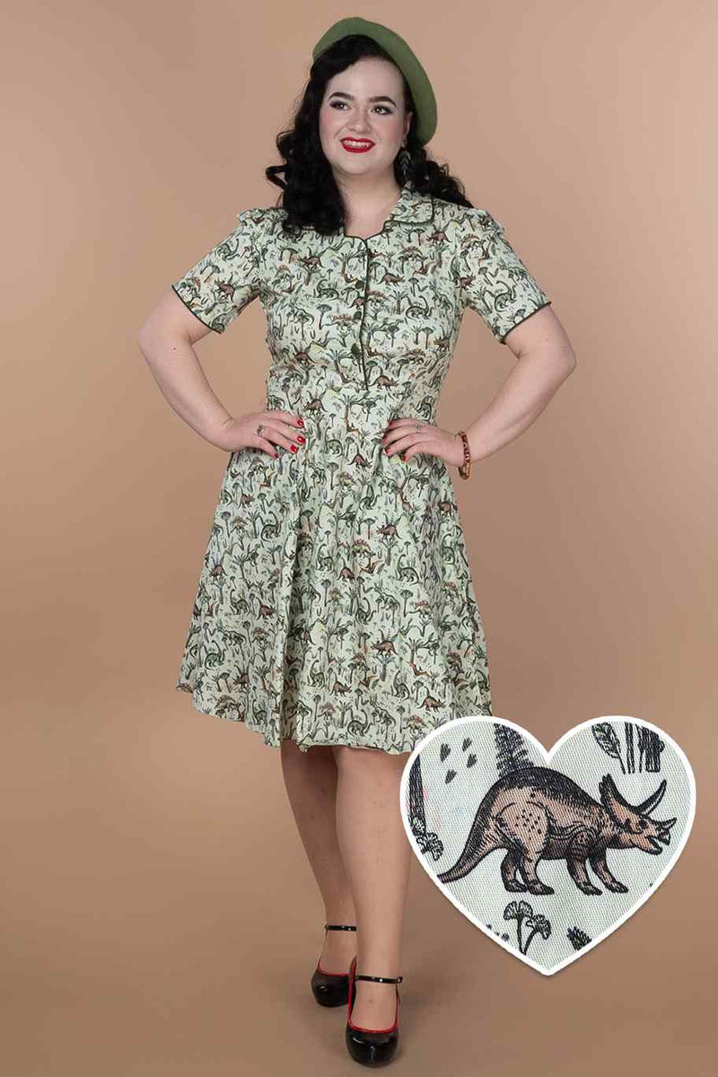 A model wearing a Dinosaur Forest Shirt Dress