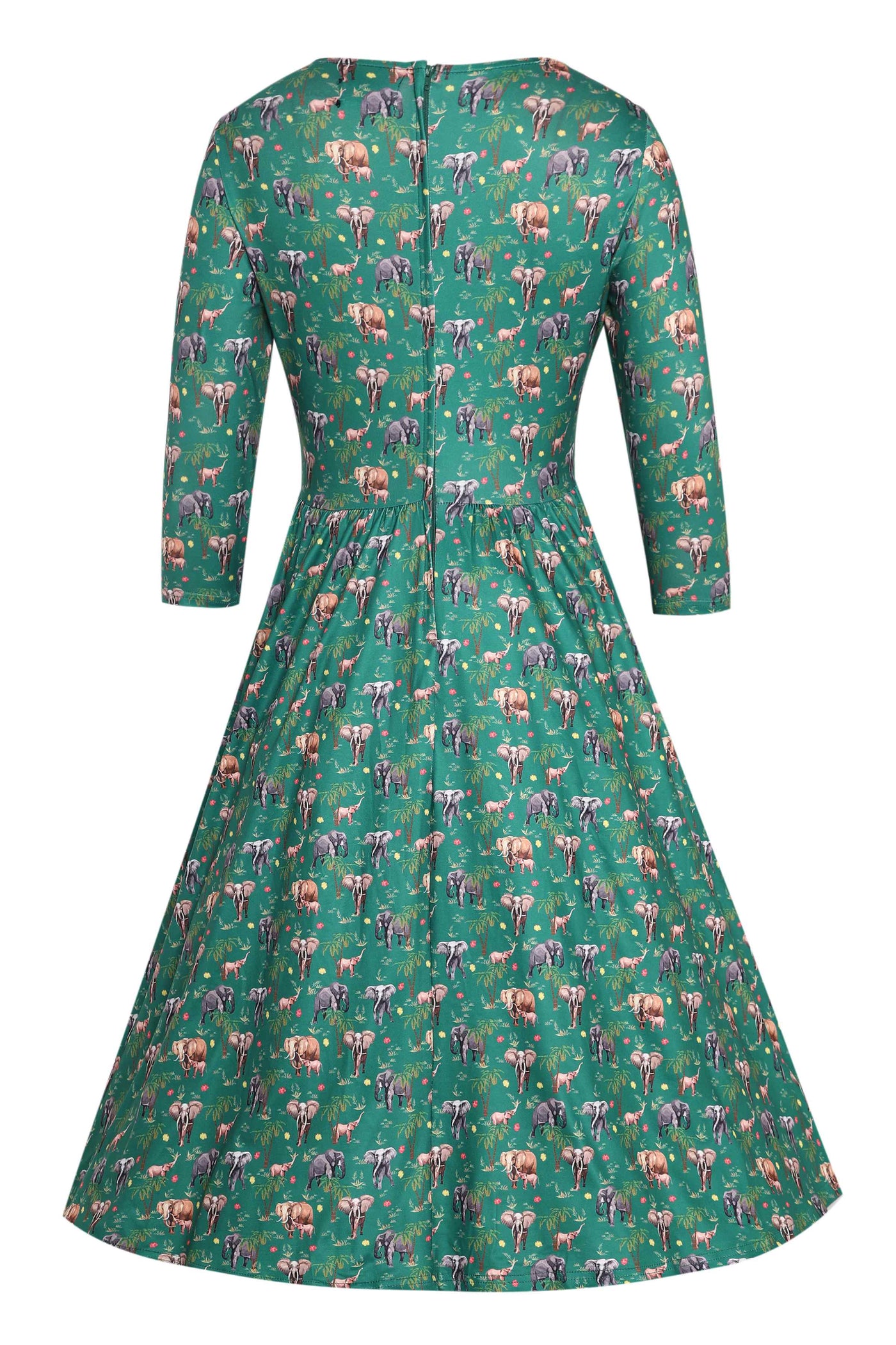 Back view of Elephant Print Flared Dress in Green