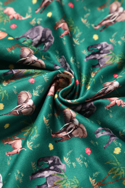 Close up view of Elephant Print Flared Dress in Green