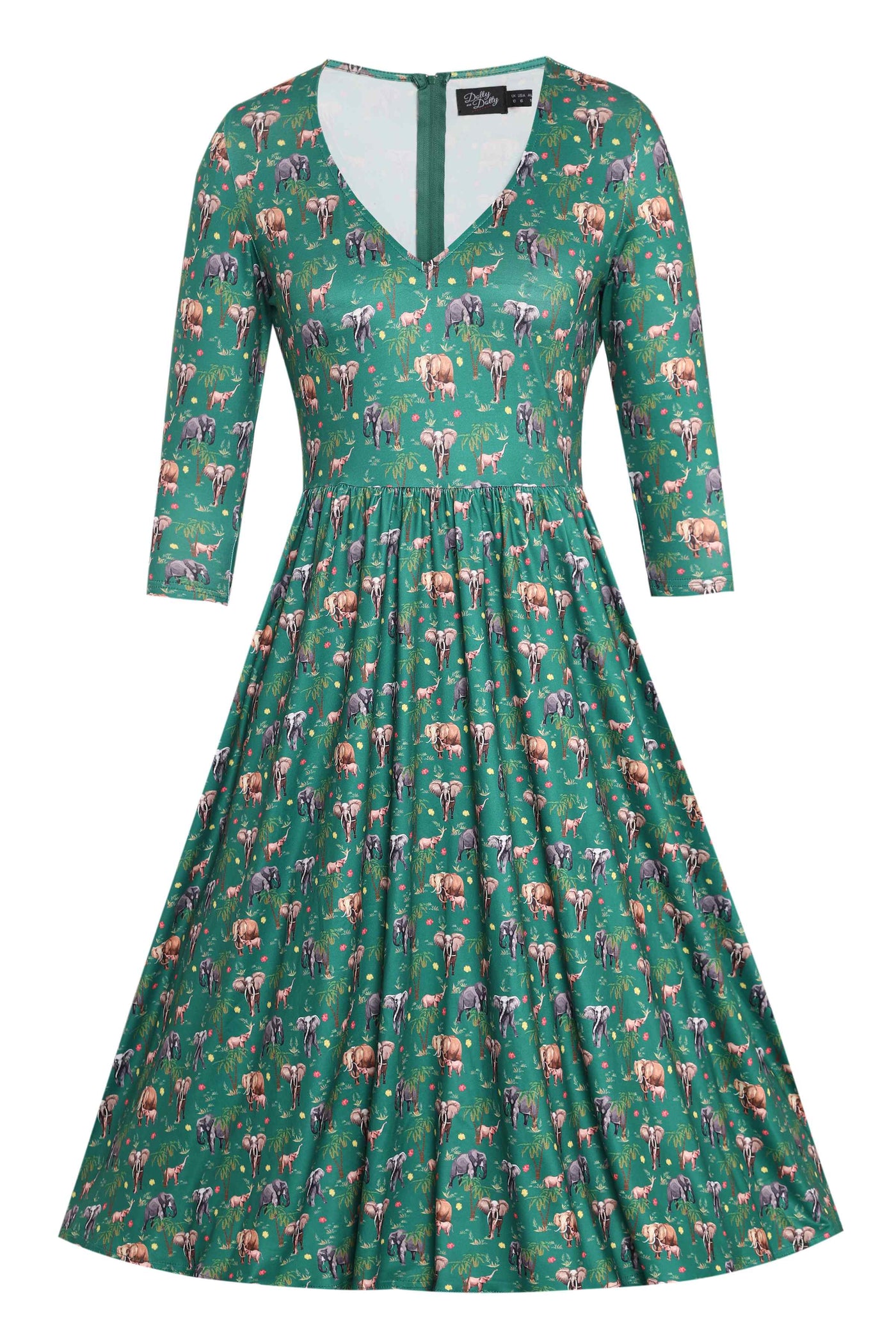 Front view of Elephant Print Flared Dress in Green