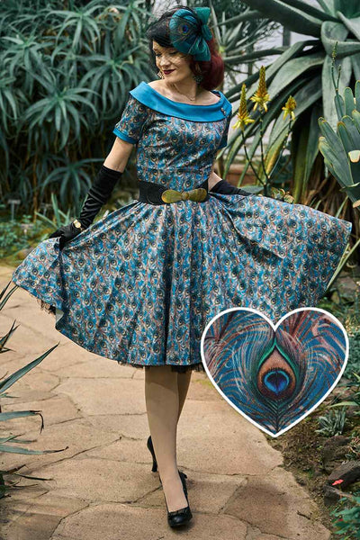 A model wearing a Peacock Feather Swing Dress