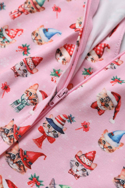 Close up view of Pink Christmas Cat Flared Dress