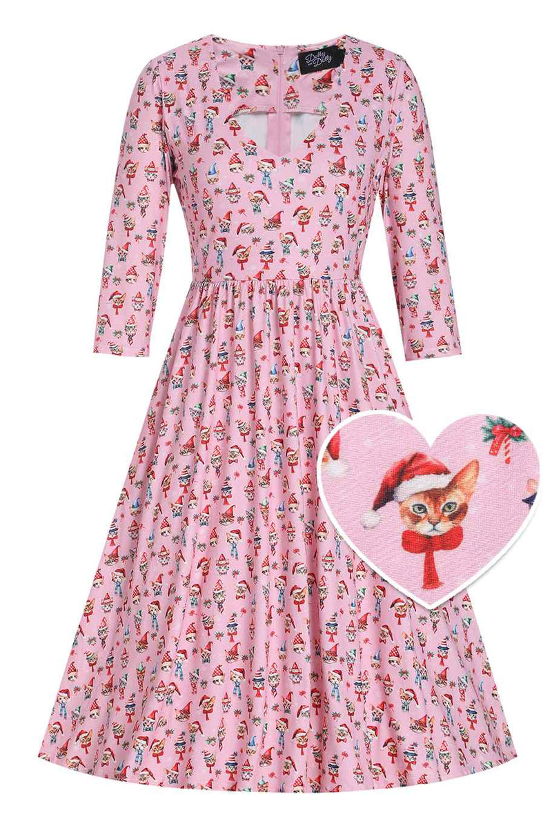 Front view of Pink Christmas Cat Flared Dress