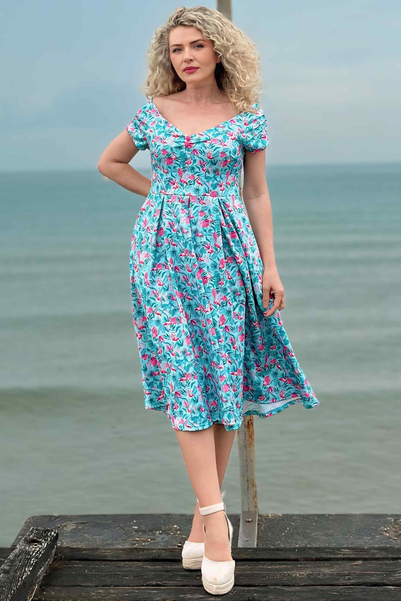 Model photo of Flamingo Blue Off Shoulder Dress