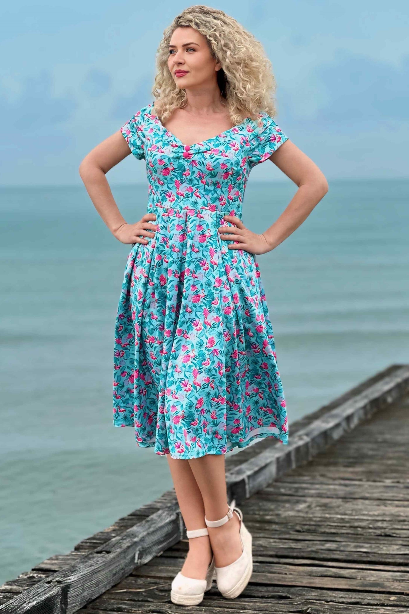 Model photo of Flamingo Blue Off Shoulder Dress