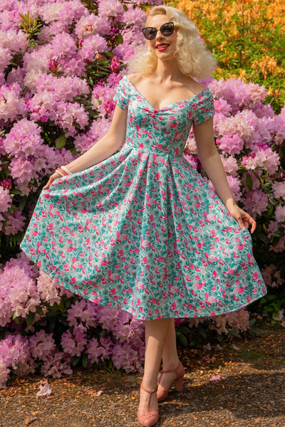 Model photo of Flamingo Blue Off Shoulder Dress