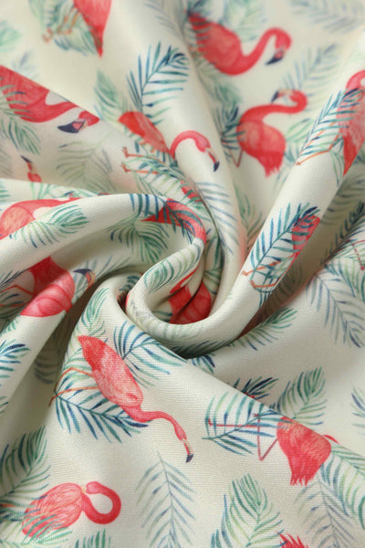 Close up View of Flamingo Off Shoulder Dress in Cream and Pink