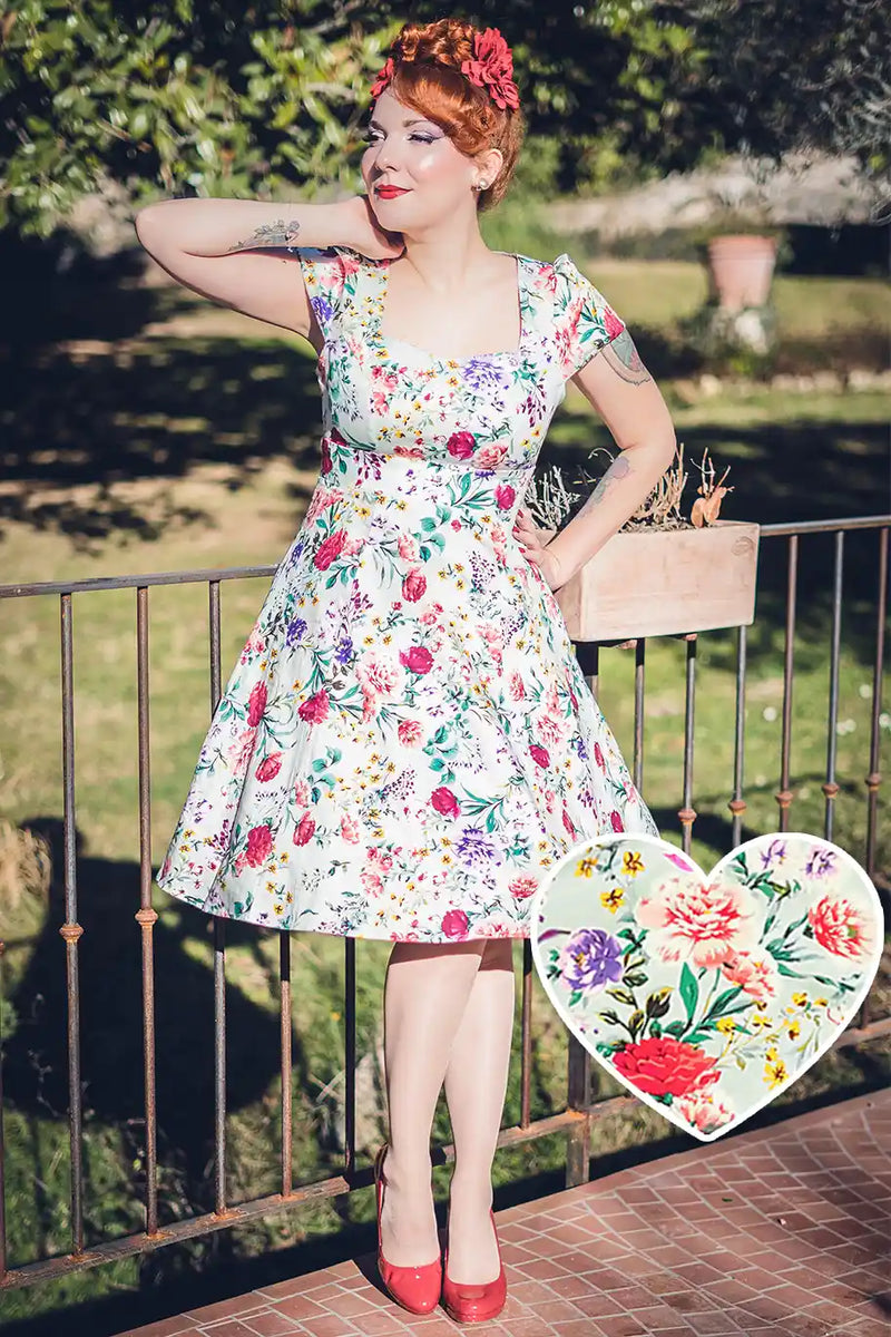 Claudia 50s Style Vintage Inspired Green Floral Dress