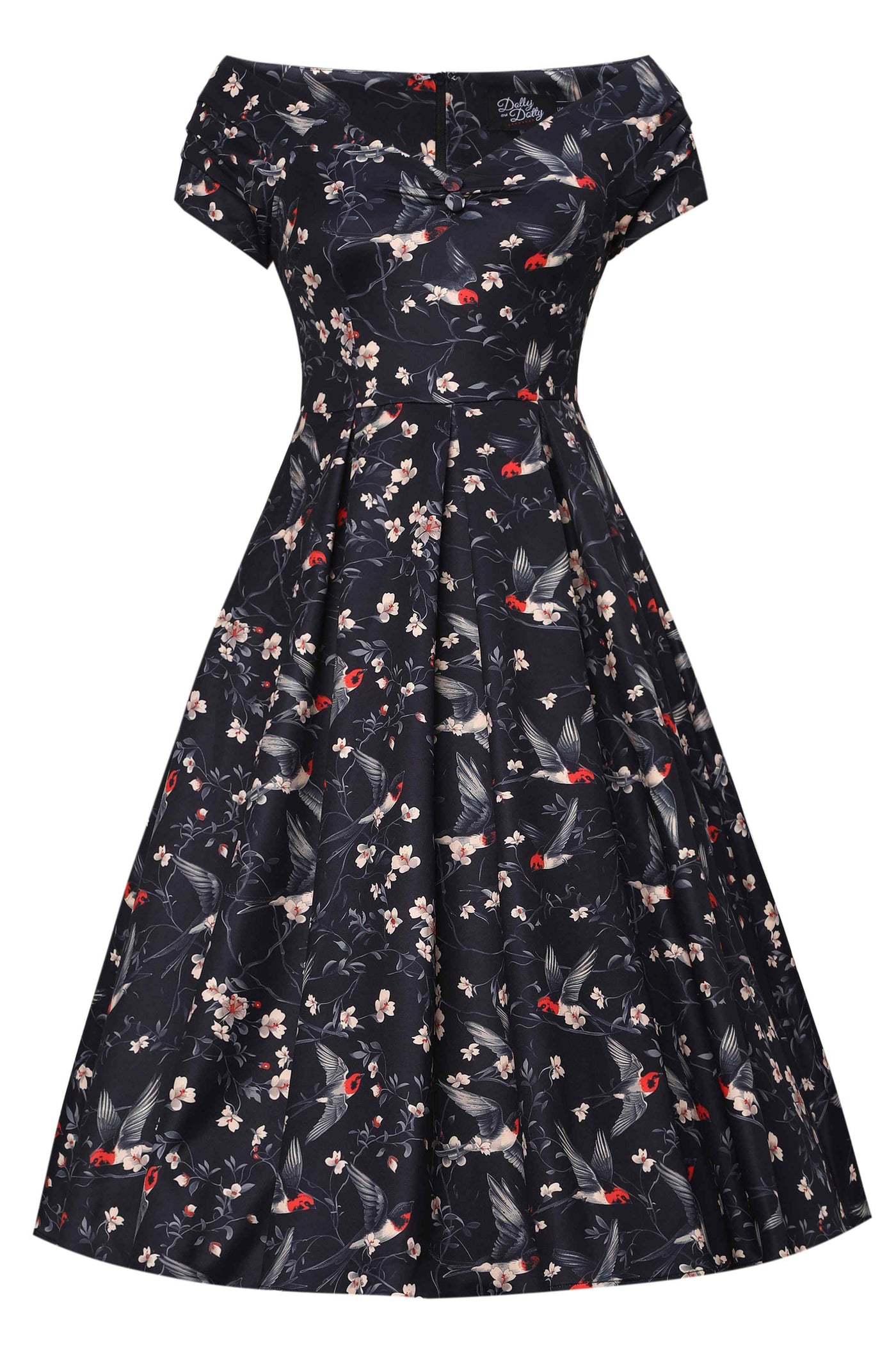 Front view of Floral & Swallow Off Shoulder Dress