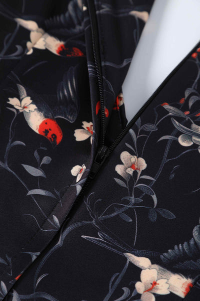 Close up view of Floral & Swallow Off Shoulder Dress