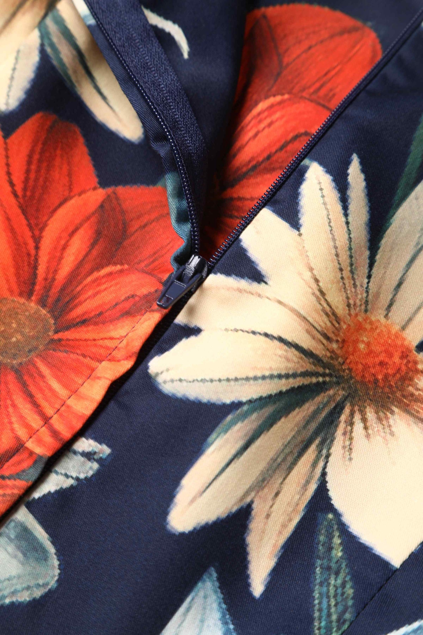 Close up view of Floral Bunch Off Shoulder Dress In Navy Blue