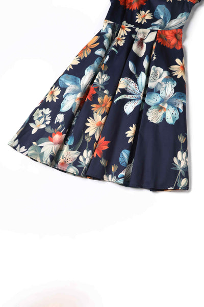 Close up view of Floral Bunch Off Shoulder Dress In Navy Blue