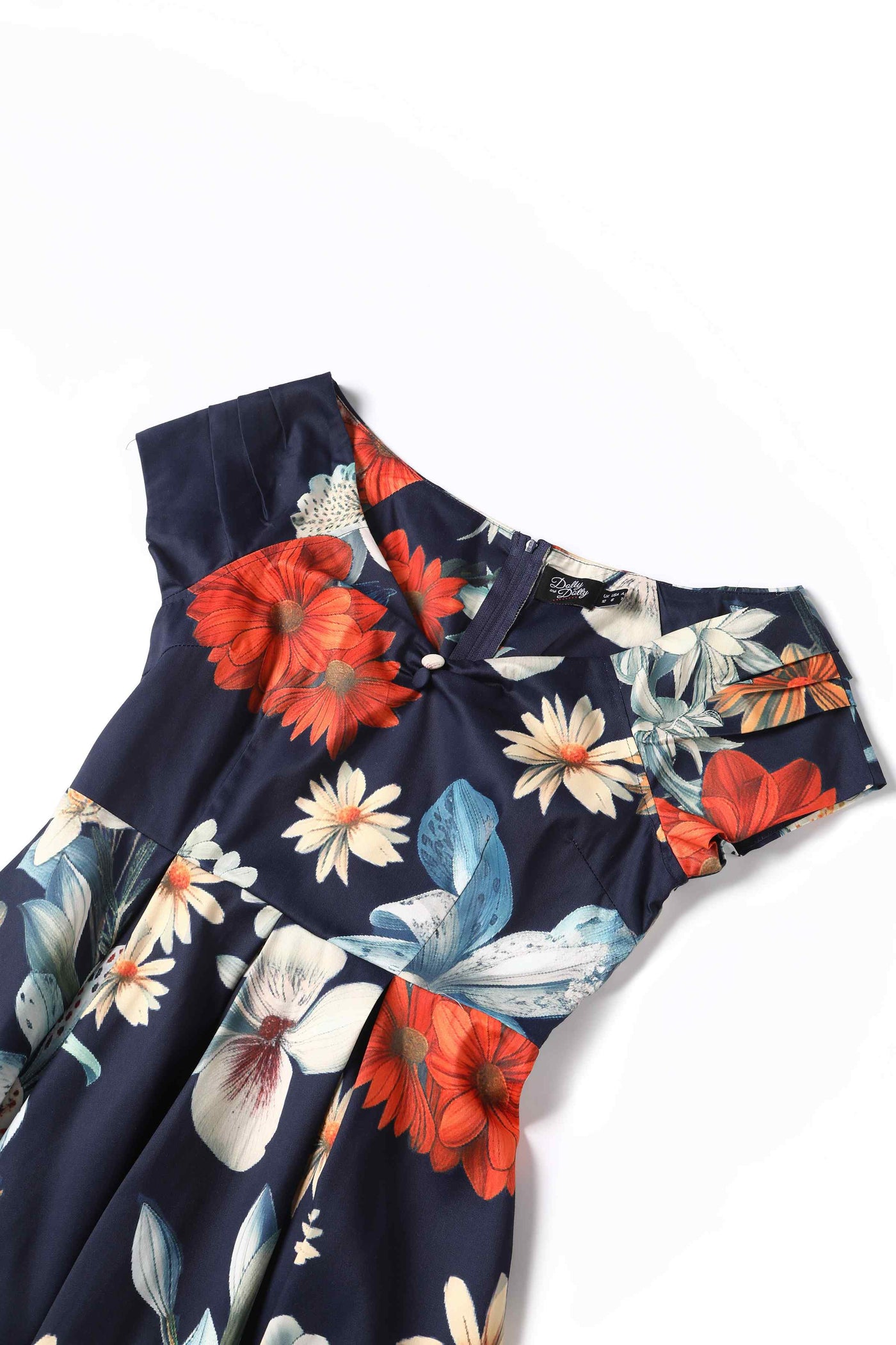 Close up view of Floral Bunch Off Shoulder Dress In Navy Blue