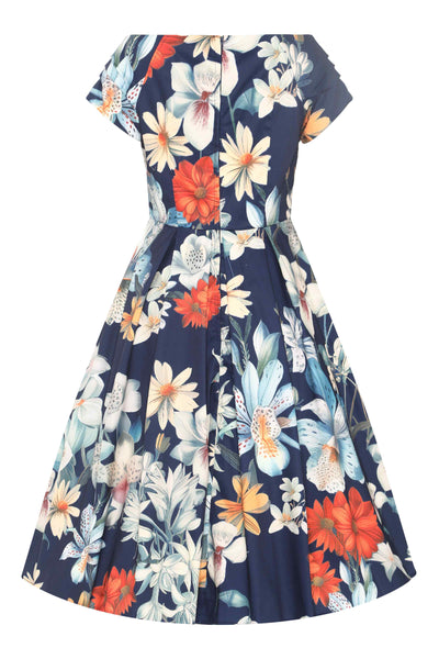 Back view of Floral Bunch Off Shoulder Dress In Navy Blue