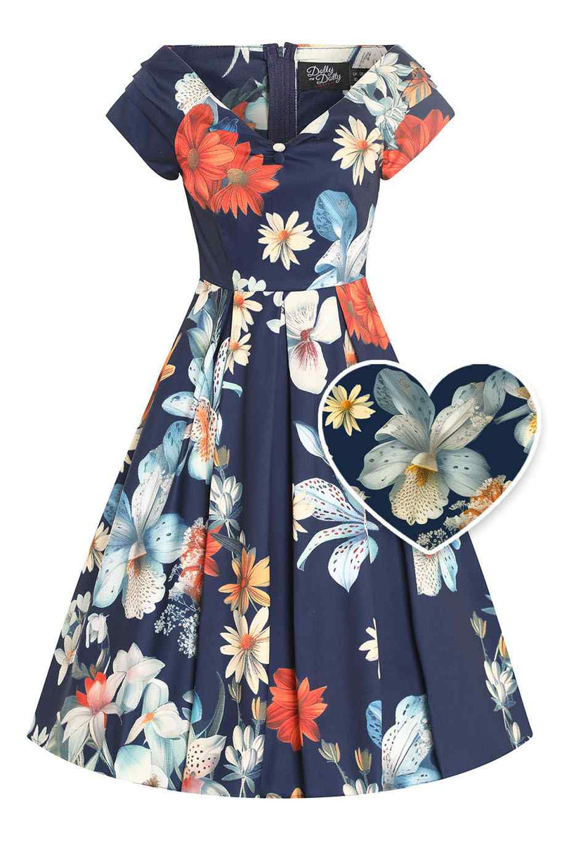 Front view of Floral Bunch Off Shoulder Dress In Navy Blue