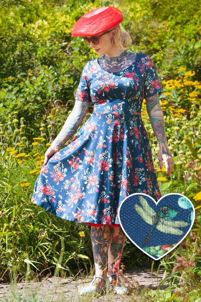 A model wearing a Floral Dragonfly Blue Dress