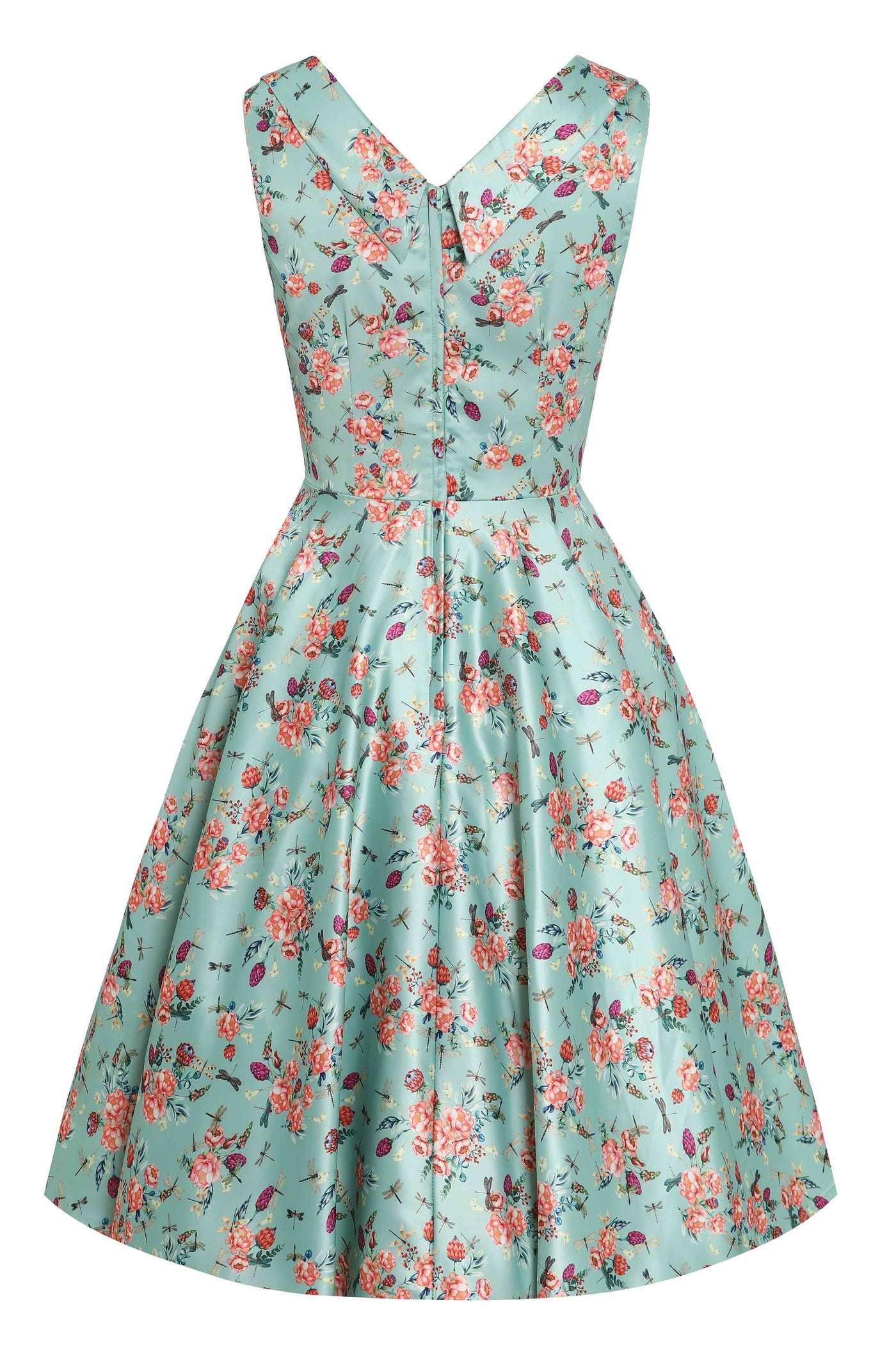 Back view of Floral Dragonfly Pleated Bust Dress in Green
