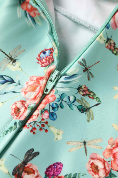 Close up view of Floral Dragonfly Pleated Bust Dress in Green