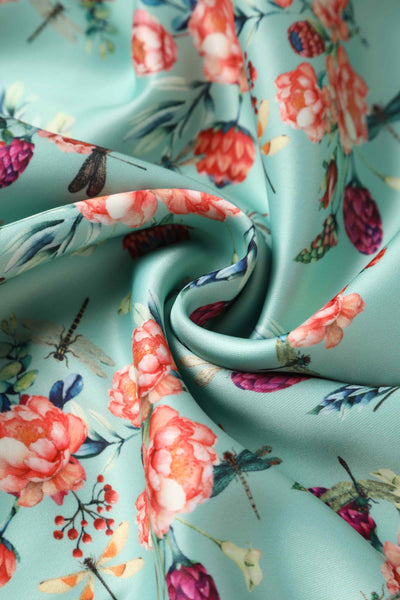 Close up view of Floral Dragonfly Pleated Bust Dress in Green