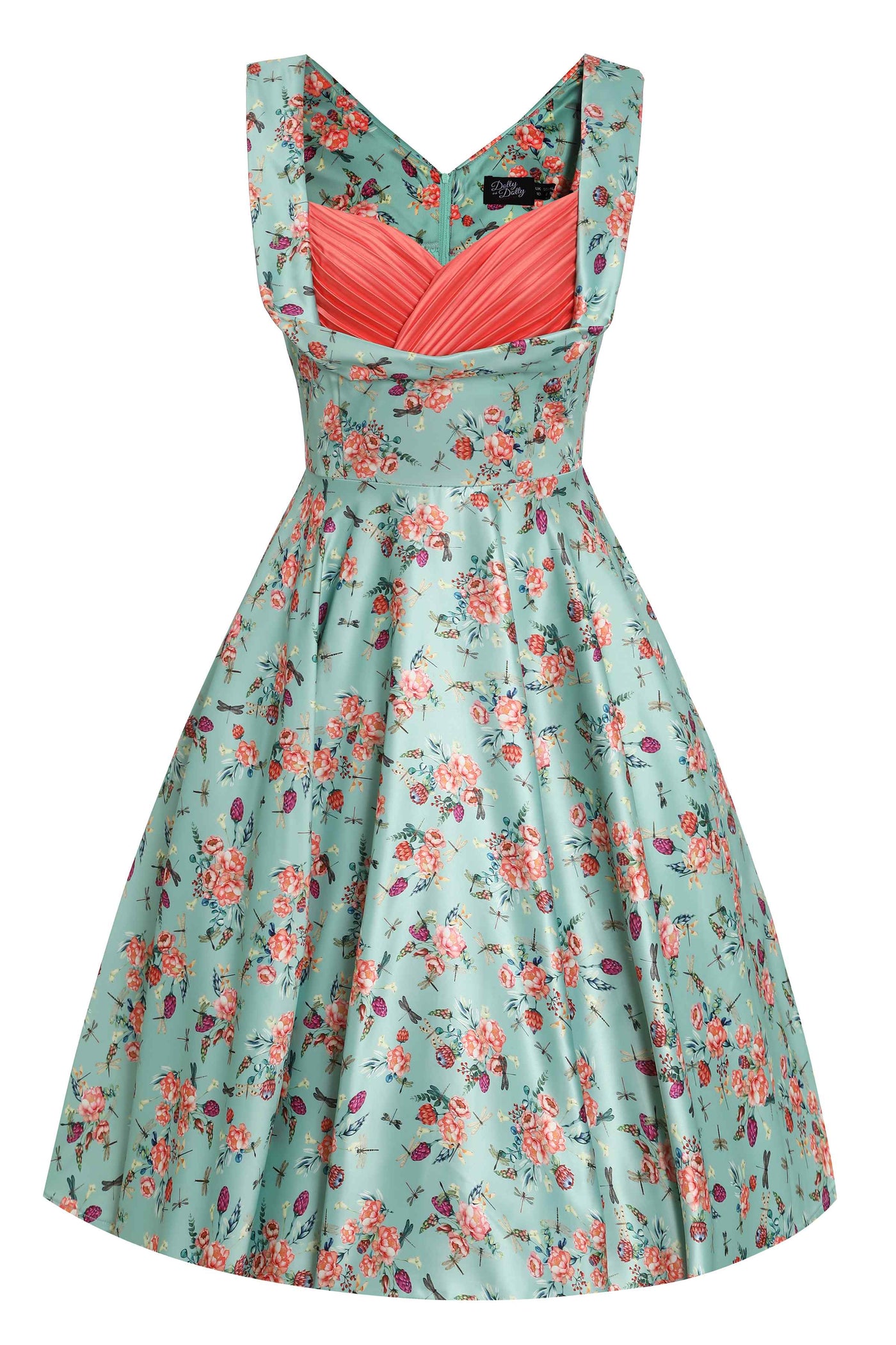 Front view of Floral Dragonfly Pleated Bust Dress in Green