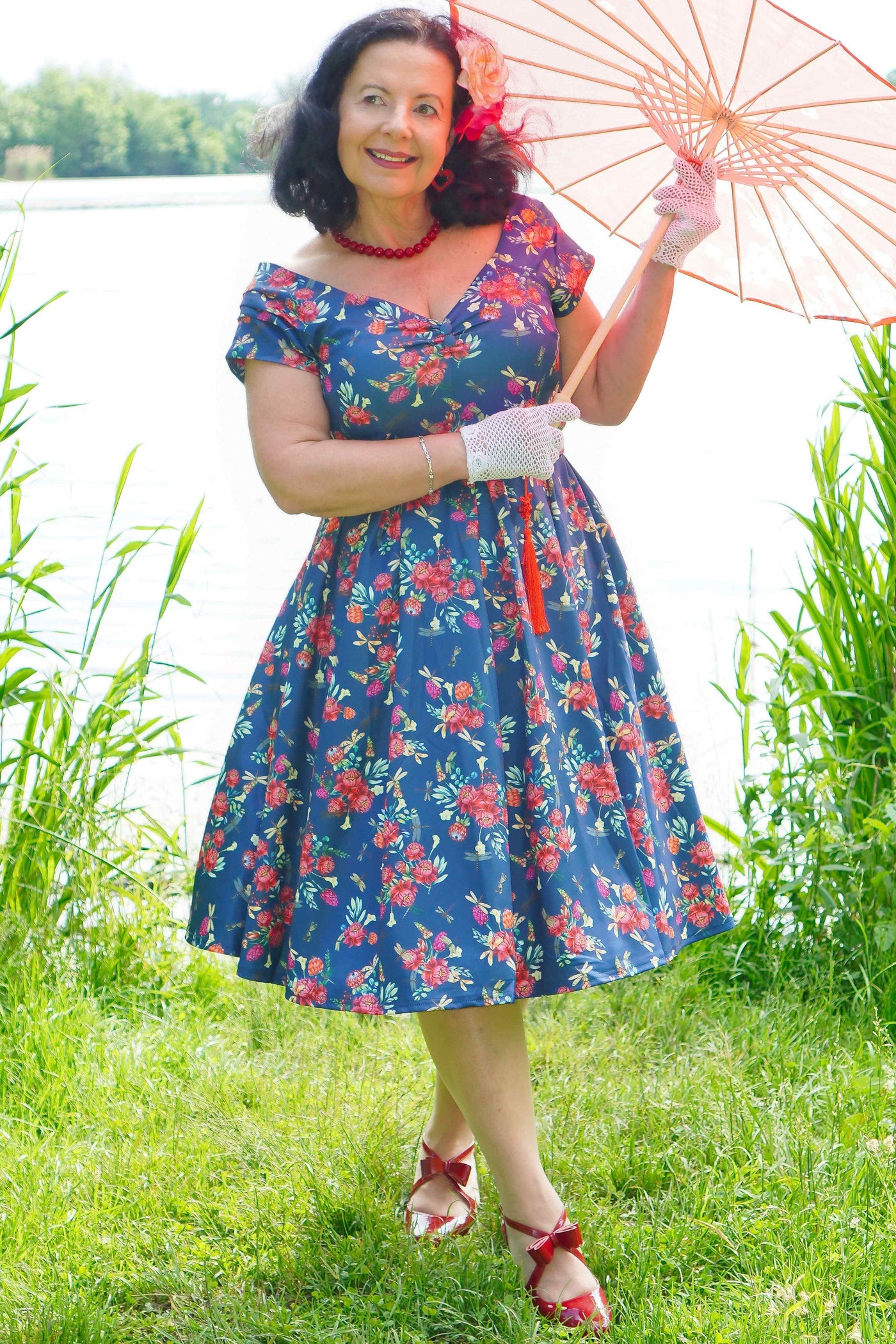 Model photo of Floral Dragonfly Off Shoulder Dress