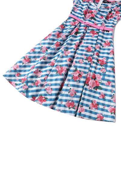 Close up view of Floral Off Shoulder Dress In Blue Gingham