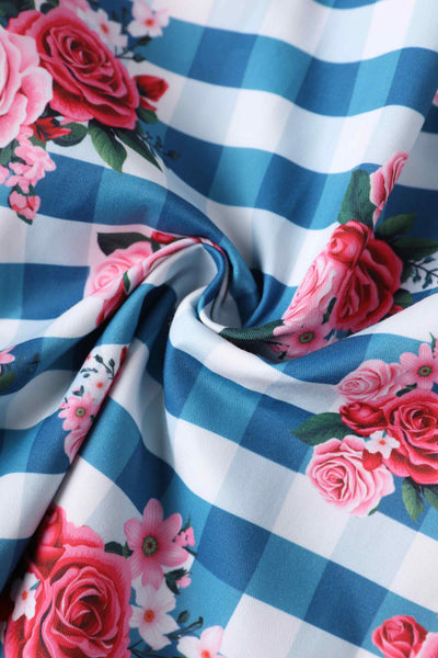 Close up view of Floral Off Shoulder Dress In Blue Gingham