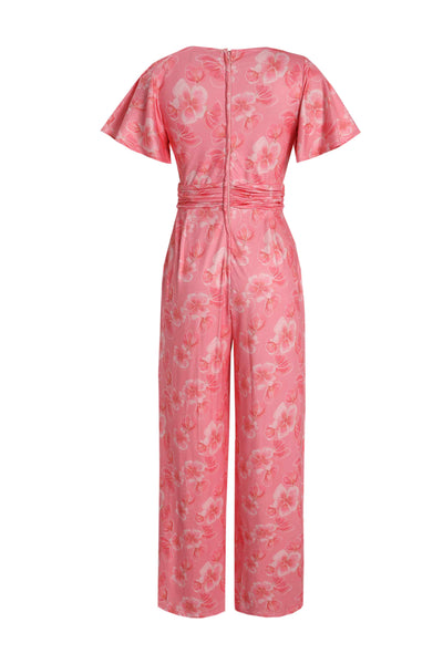 Back view of Floral Print Jumpsuit in Pink